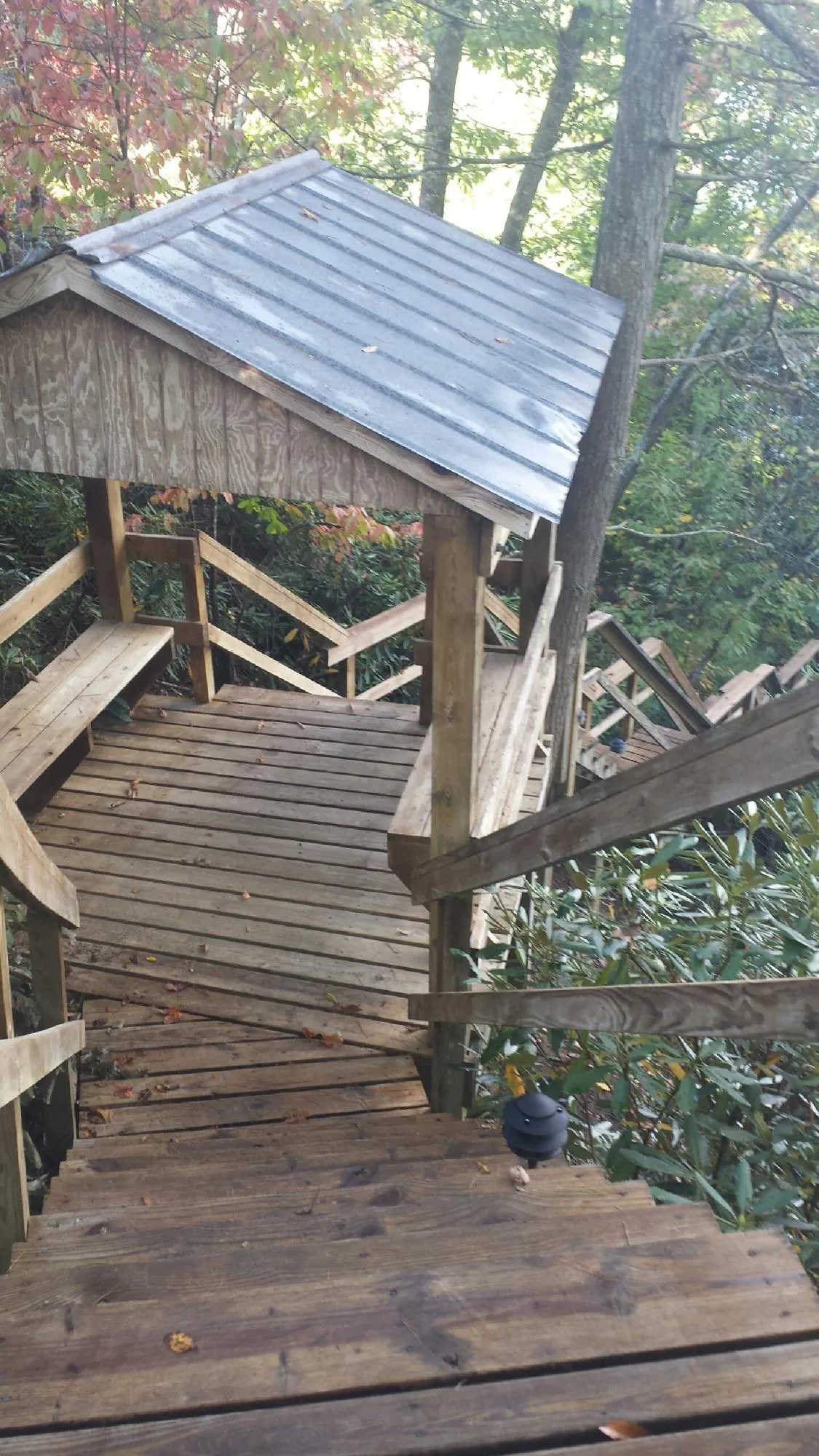 Metal roofed shelter over wooden steps on a wooded walkway — Skylight Repair & Installation work by our crew in Alger